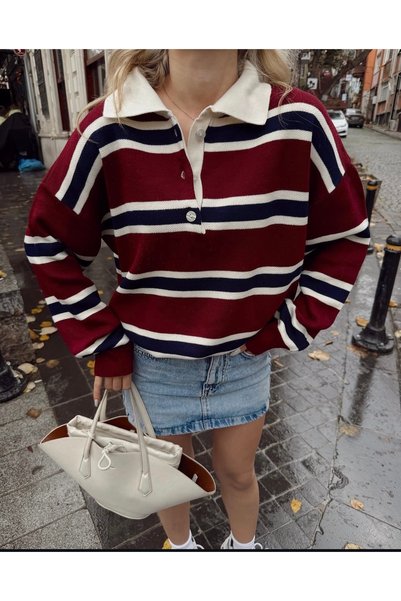 modayaselam Striped Shirt Collar Soft Knit Sweater