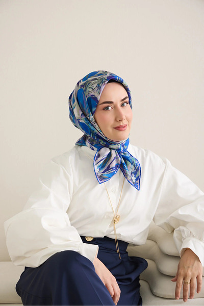 Silk Home Μεταξωτό φουλάρι τουίλ με φλοράλ σχέδιο, ναυτικό μπλε 90x90 11501-13