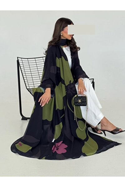 Noon Noora طقم عباية شيفون مطبوع مفتوحة من الأمام (مع غطاء رأس).