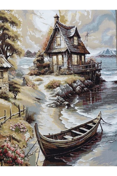 GoblenAL M39K Woven Fabric - Landscape, Mountain House, Creek, Sandal, Nature - Painting, Upholstery, Concept Decors 50X110 cm