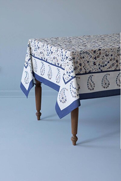 dekomall home & living Blue Bordered Paisley Cotton Tablecloth-Msor012