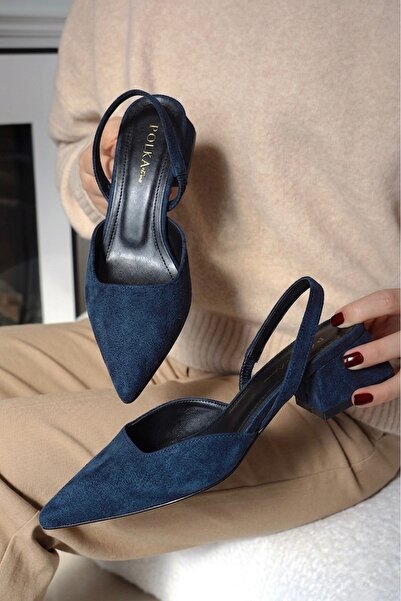 POLKA STORE Blush Pointed Toe Short Block Heeled Women's Shoes Navy Blue Suede