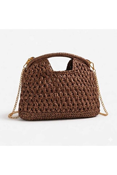 themoiss The Moi̇ss Gold Chain Detailed Straw Hand and Shoulder Bag Bitter Co...