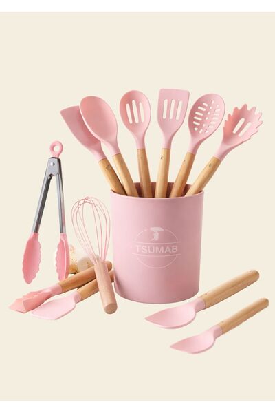 TSUMAB 12-Piece Pink Silicone Kitchen Utensil Set with Wooden Handles & Holde...