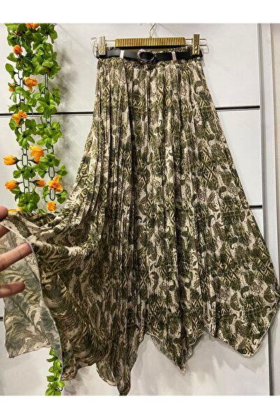 edu collection Ethnic Patterned Skirt Zigzag Chiffon Bohe Skirt with Lining a...