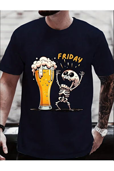LİNA06 Men's Cotton T-Shirt - Funny Skeleton "Finally Friday" Beer Mug Graphi...