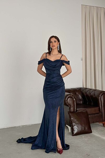 MyLoore فستان سهرة طويل للنساء باللون الأزرق الداكن مع فتحة جانبية وتفاصيل لا...