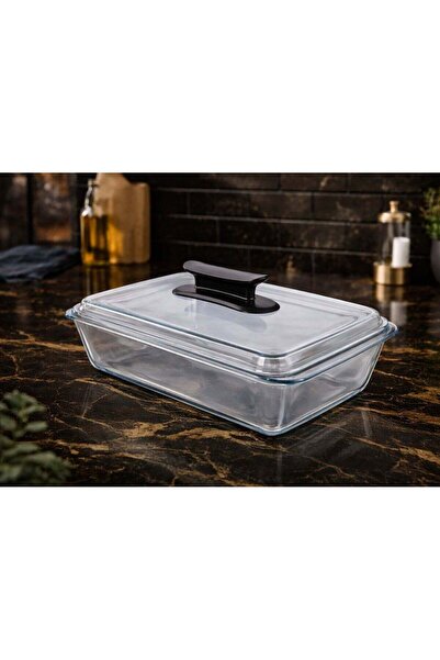 HOMEVEO Clear Rectangular Glass Lid Serving Tray with Handle Heat Resistant