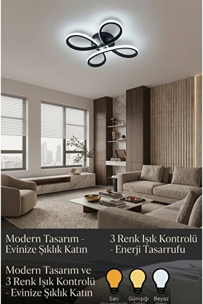 Lzy Avize Store Daisy 4’lü Siyah Avize Modern Salon, Mutfak, Çocuk Odası, Ant...
