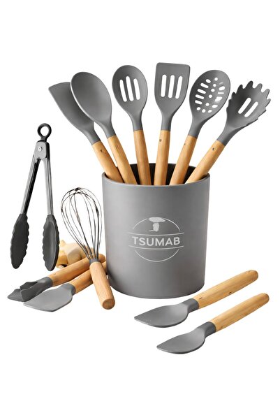 TSUMAB 12-Piece Grey Silicone Kitchen Utensil Set with Wooden Handles & Holde...