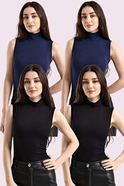 Trend Sizde Women's Navy Blue Black 4-Piece Half Turtleneck Basic Bodysuit