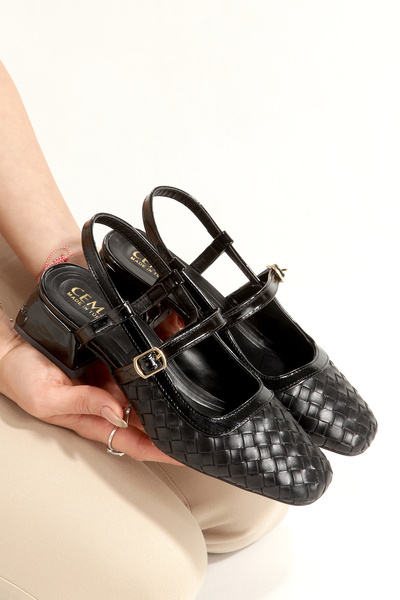 CEMAY Kare Burun Baskı Desenli Arkası Açık (3CM) Kalın Blok Ökçeli Kadın Klas...