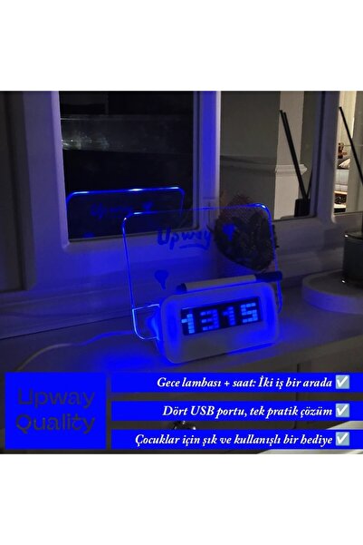 UpWay 4 Adet USB Çoklayıcı Not Panelli Dijital Masa Saati – 3 Alarm Sıcaklık Takvim Doğum Günü