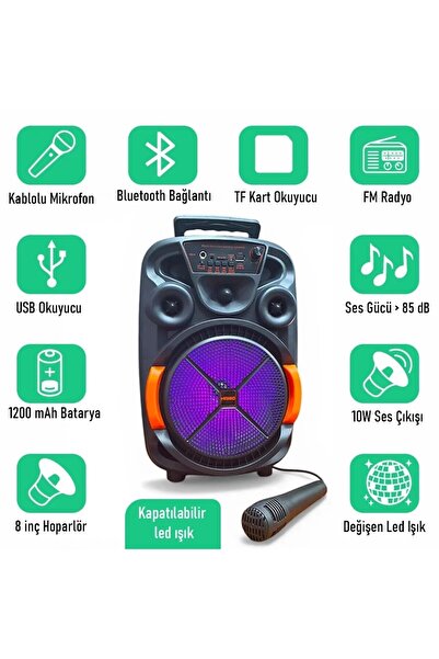 UpWay LED Işıklı Mikrofonlu Şarjlı Bluetooth Hoparlör – 10W TF USB AUX TWS 8 İnç Bass Woofer