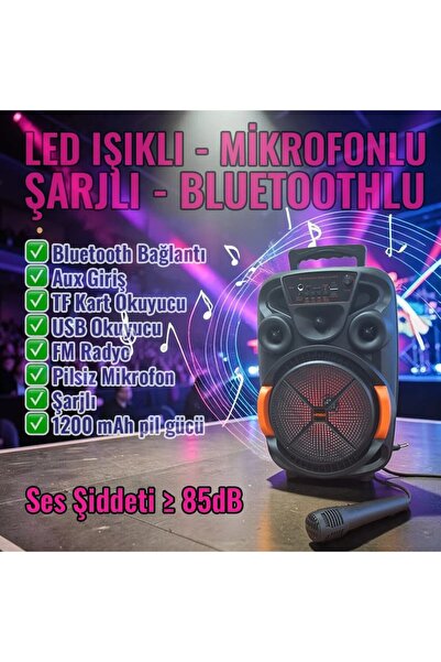 UpWay LED Işıklı Mikrofonlu Şarjlı Bluetooth Hoparlör – 10W TF USB AUX TWS 8 İnç Bass Woofer