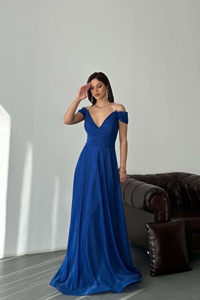 MyLoore Women's Saks Blue Glittering Long Evening Dress – Graduation, Sparkli...