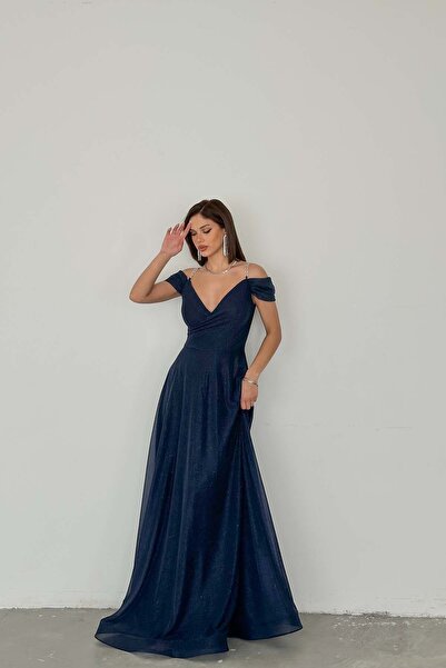 MyLoore Γυναικείο Μακρύ Βραδινό Φόρεμα σε Σκούρο Μπλε με Γκλίτερ – Φόρεμα για...