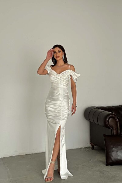 MyLoore Γυναικείο μακρύ βραδινό φόρεμα με λευκές τιράντες και σατέν σκίσιμο M...