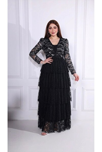 ٌRominz fashion فستان فخم بتطريز فضي وأكمام طويلة - قماش تول - متوفر في مستود...