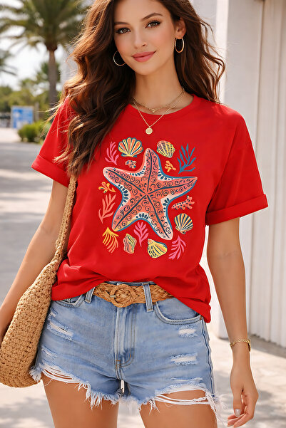 ArtYus Sea Star Printed Unisex Oversize T-Shirt – Cotton Crew Neck Summer Bea...
