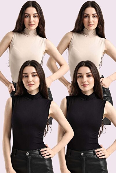 Trend Sizde Women's Burgundy Navy Blue Black Coffee 4-Piece Half Turtleneck B...