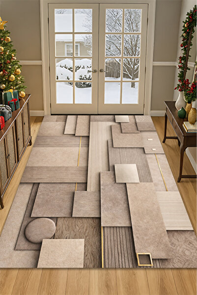 Kessy Home Studio Kum Beji Geometrik Desen Dijital Baskı Yıkanabilir Kaymaz T...