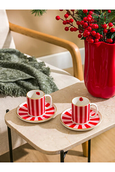 LC Waikiki Lcw Home Red Floral Printed 2-Person Porcelain Coffee Cup Set 95 ml