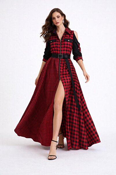 ALYEL NAKER Open Shoulder & Front Zipper Detailed Red & Black Plaid Taffeta M...