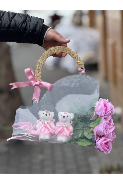 Acilbirbuket Şeffaf çantada Peluş ve ayıcık 10 adet güllü yapay