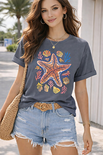 ArtYus Sea Star Printed Unisex Oversize T-Shirt – Cotton Crew Neck Summer Bea...