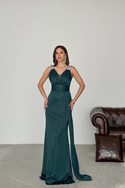 MyLoore Γυναικείο Σμαραγδί Πράσινο Βραδινό Φόρεμα με Λεπτομέρεια Ασημένιας Ου...