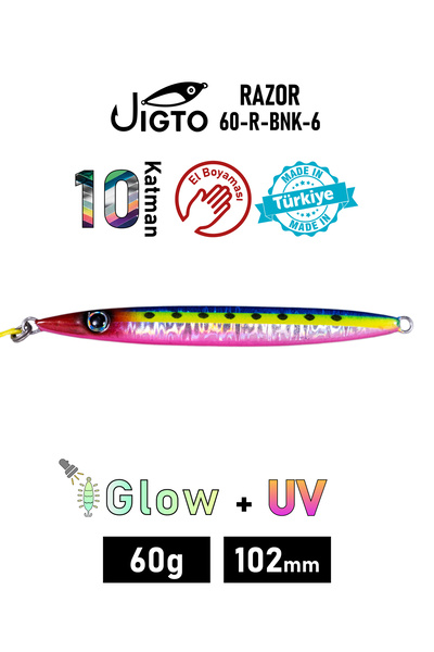 JIGTO Jig, Zoka, Suni Yem, Glow UV Metal Jig, 60Gr 10cm Razor 60