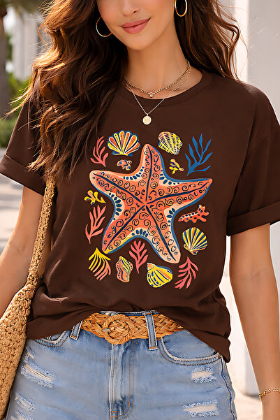 ArtYus Sea Star Printed Unisex Oversize T-Shirt – Cotton Crew Neck Summer Bea...