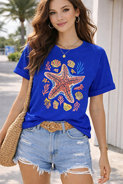 ArtYus Sea Star Printed Unisex Oversize T-Shirt – Cotton Crew Neck Summer Bea...