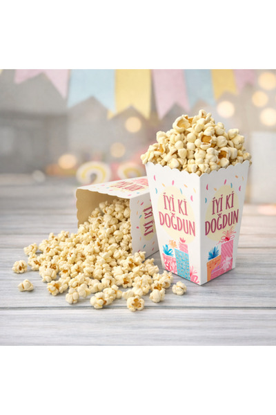 Baloncu Dede Karton İyi Ki Doğdun Popcorn Kutusu 8x11,5 cm 8 Adet Patlamış Mı...