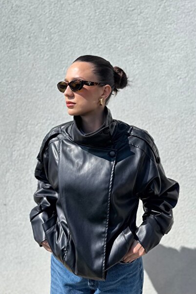 COJIKO Women's Zr Model Soft Textured Light Shiny Stand Collar Leather Jacket