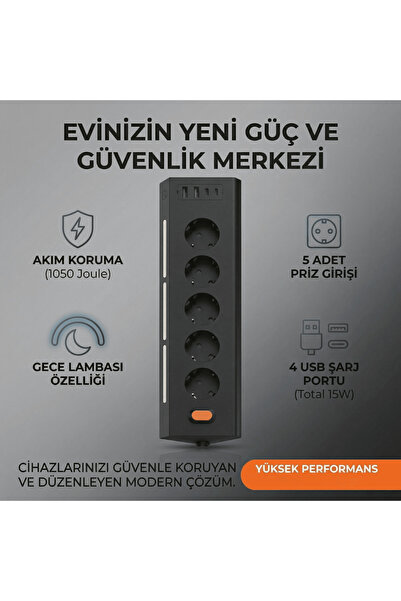 asua 5'Lİ Gece Lambalı Priz Akım Gerilim Korumalı Çoklu Priz 2XUSB 2XType-C Ç...