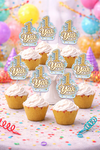 Baloncu Dede 1 Yaş Mavi Kek Kürdanı 16 Adet Bir Yaş Pasta Süsü Cupcake Topper...
