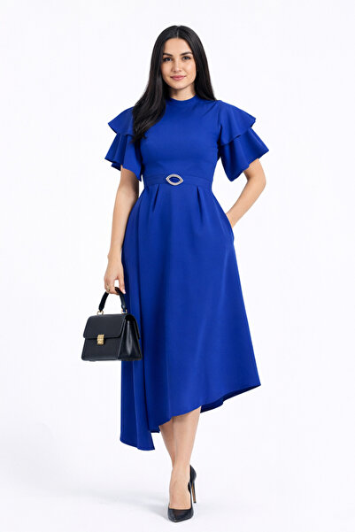 Stylish Fashion Stylish Fashion Turkish Midi Blue Dress with Slanted Cut and ...