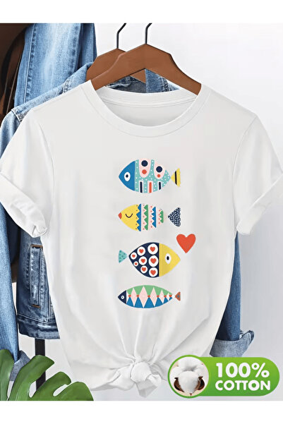 one button 4 قطع من تيشيرتات كبيرة الحجم مطبوعة بطبعة سمكة لطيفة