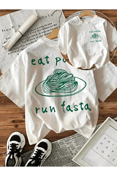 one button Tricou oversize premium cu imprimeu pe ambele părți Eat Pasta