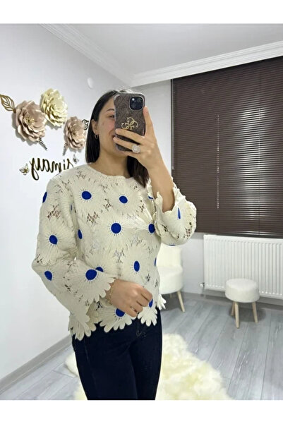 MetuCA Women's Ecru Saks Blue Daisy Embroidered Laser Cut Openwork Bohemian B...