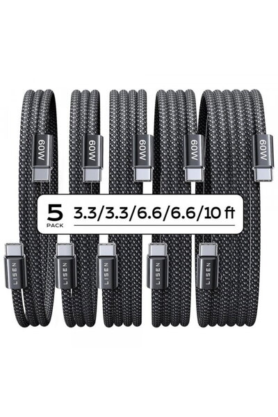 LISEN USB-C - USB-C Lisen Data and Charging Cable, 60W, Set of 5 pieces (2 x ...