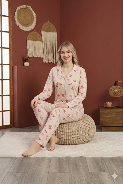 Defkay Cotton Stretch Fabric Buttoned Women's Pajama Set - Home Wear & Lounge