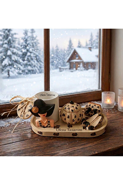 oksukokulutaş Turkish Coffee Cup with Leopard Pattern and Turkish Delight Holder