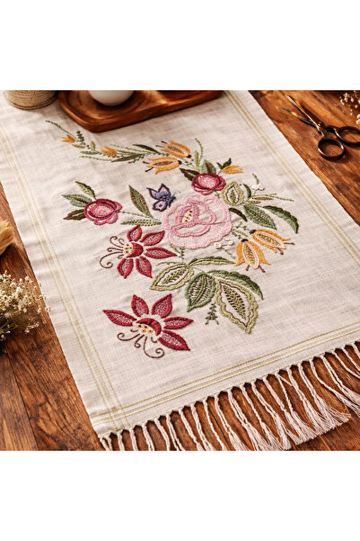 shop %100 El İşlemeli Çiçek ve Kelebek Dekorlu Keten Masa Runner Örtü (76x51cm)