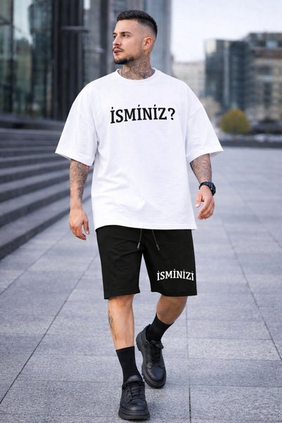 MARKATEM Kişiye Özel İsim Yazdırılabilir Erkek Siyah T-Shirt Şort Takım Overs...