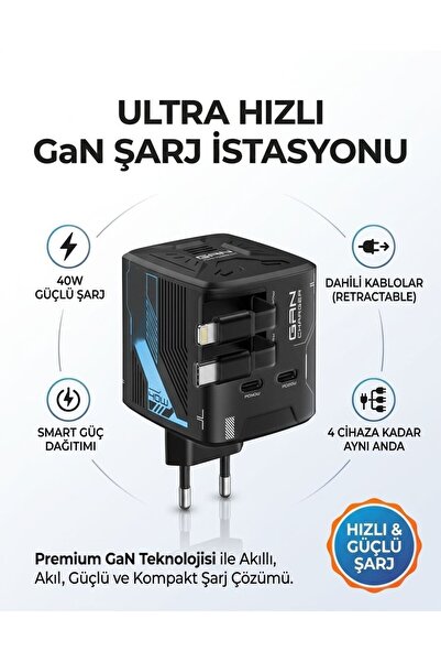 MATECHNO 40W GAN Hızlı Şarj Adaptörü Dahili Lightning ve Type-C Kablolu Şarj ...