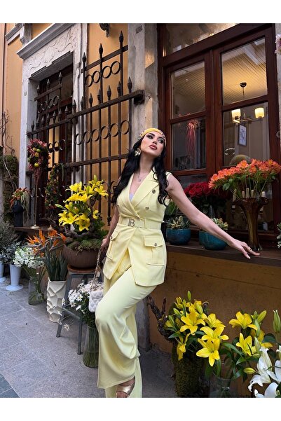 Celiora Women's Sleeveless Double-Breasted Vest Trouser Suit with Belt and Bu...