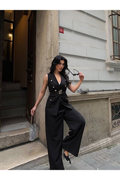 Celiora Women's Sleeveless Double-Breasted Vest Trouser Suit with Belt and Bu...